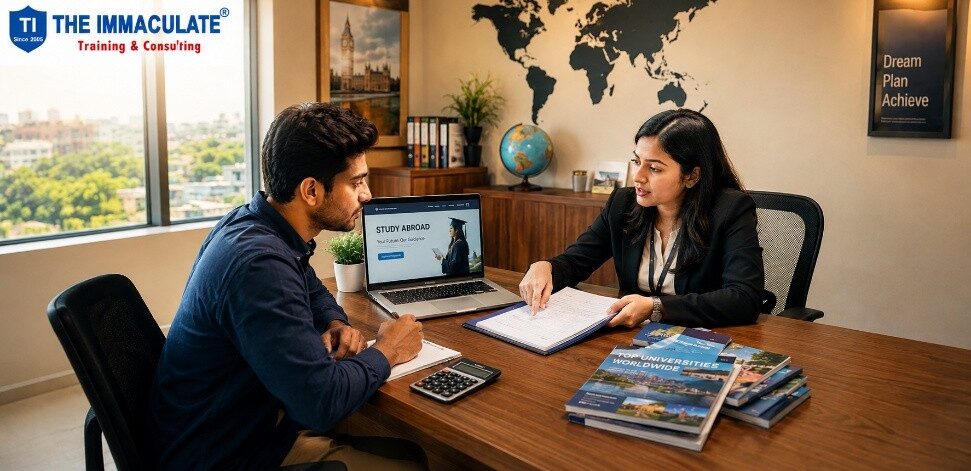 Student discussing study abroad loan options